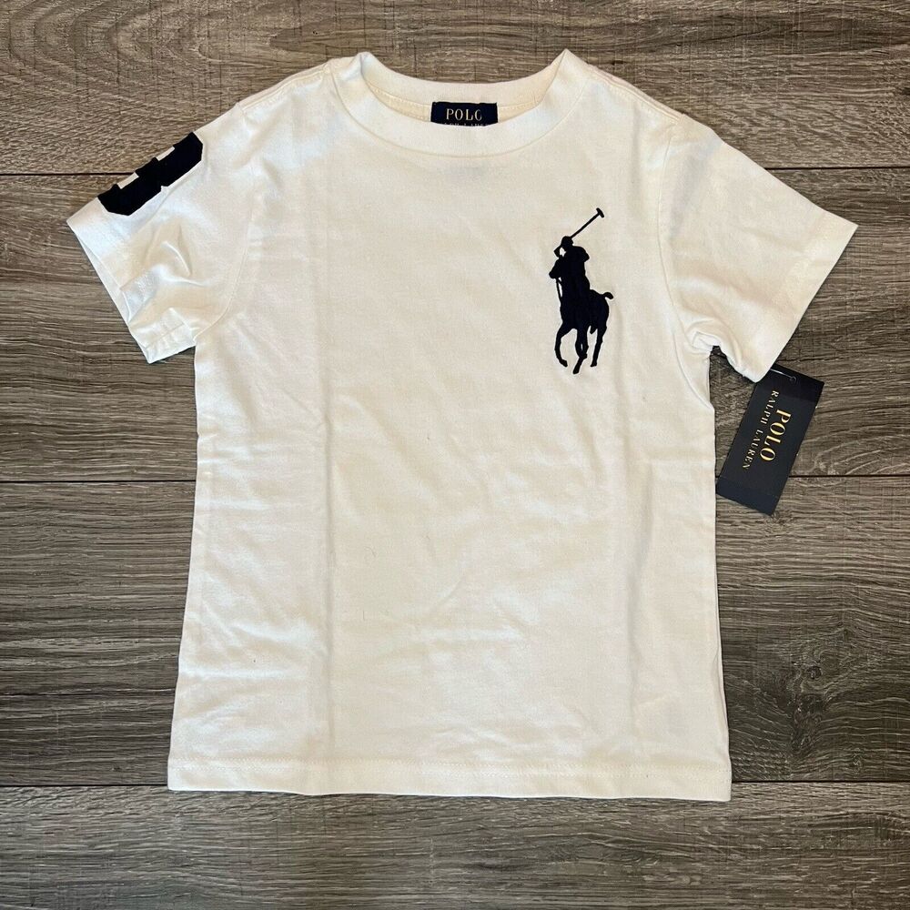 Polo Ralph Lauren T Shirt sz 4 T White Cotton Navy Big Polo 3